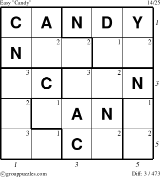 The grouppuzzles.com Easy Candy puzzle for , suitable for printing, with all 3 steps marked