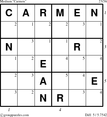 The grouppuzzles.com Medium Carmen puzzle for , suitable for printing, with all 5 steps marked