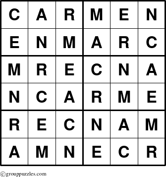 The grouppuzzles.com Answer grid for the Carmen puzzle for 