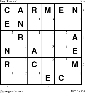 The grouppuzzles.com Easy Carmen puzzle for  with all 3 steps marked