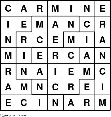 The grouppuzzles.com Answer grid for the Carmine puzzle for 