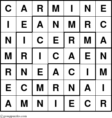 The grouppuzzles.com Answer grid for the Carmine puzzle for 