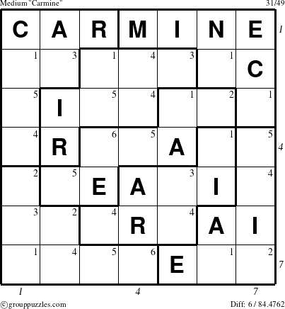 The grouppuzzles.com Medium Carmine puzzle for  with all 6 steps marked