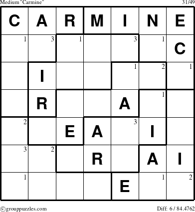 The grouppuzzles.com Medium Carmine puzzle for  with the first 3 steps marked