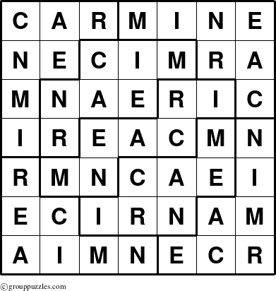 The grouppuzzles.com Answer grid for the Carmine puzzle for 