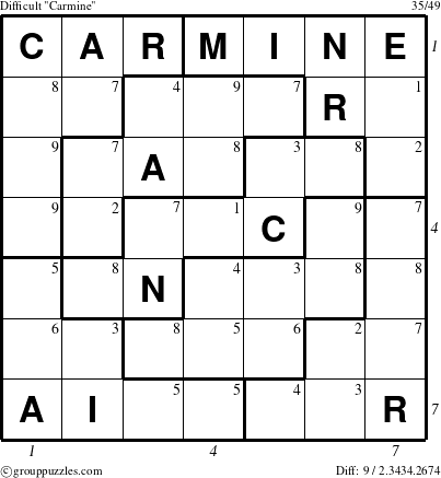 The grouppuzzles.com Difficult Carmine puzzle for , suitable for printing, with all 9 steps marked