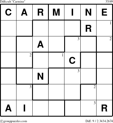 The grouppuzzles.com Difficult Carmine puzzle for  with the first 3 steps marked