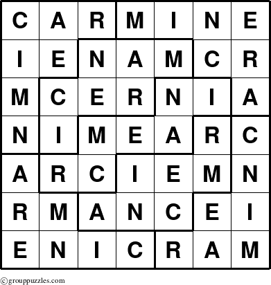 The grouppuzzles.com Answer grid for the Carmine puzzle for 