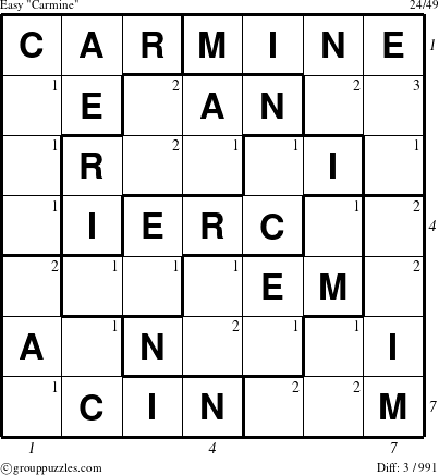 The grouppuzzles.com Easy Carmine puzzle for , suitable for printing, with all 3 steps marked