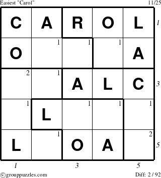 The grouppuzzles.com Easiest Carol puzzle for , suitable for printing, with all 2 steps marked