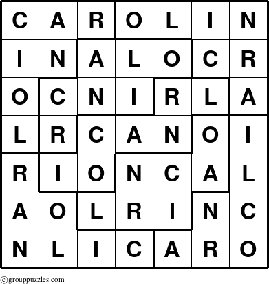 The grouppuzzles.com Answer grid for the Carolin puzzle for 