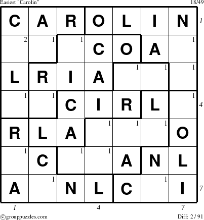 The grouppuzzles.com Easiest Carolin puzzle for , suitable for printing, with all 2 steps marked