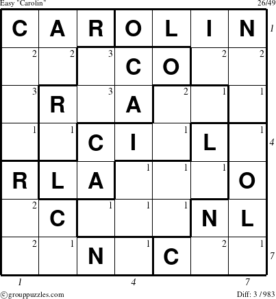 The grouppuzzles.com Easy Carolin puzzle for , suitable for printing, with all 3 steps marked