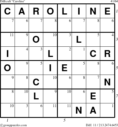 The grouppuzzles.com Difficult Caroline puzzle for , suitable for printing, with all 11 steps marked