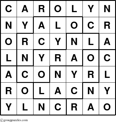 The grouppuzzles.com Answer grid for the Carolyn puzzle for 