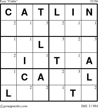 The grouppuzzles.com Easy Catlin puzzle for  with the first 3 steps marked