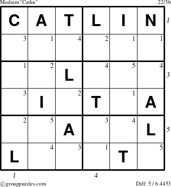 The grouppuzzles.com Medium Catlin puzzle for , suitable for printing, with all 5 steps marked