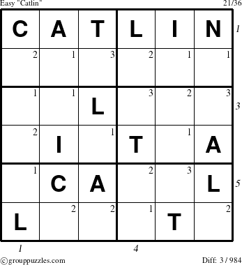 The grouppuzzles.com Easy Catlin puzzle for  with all 3 steps marked