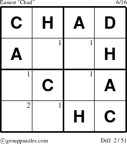 The grouppuzzles.com Easiest Chad puzzle for  with the first 2 steps marked