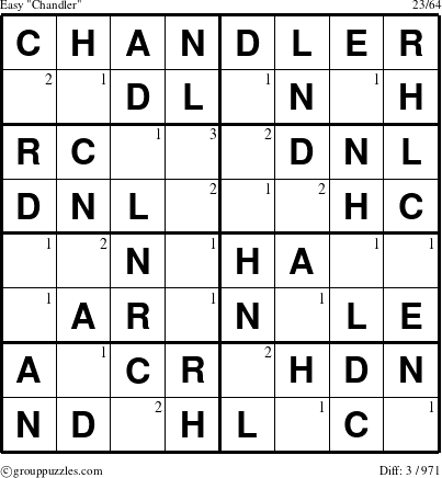 The grouppuzzles.com Easy Chandler puzzle for  with the first 3 steps marked