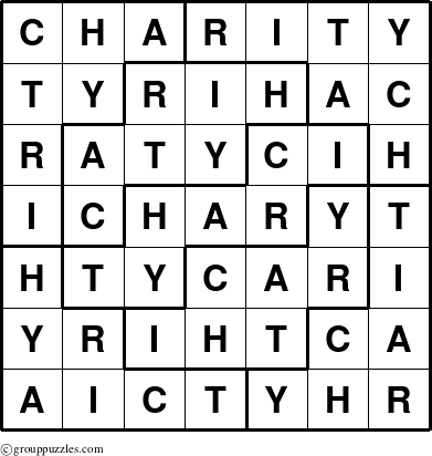 The grouppuzzles.com Answer grid for the Charity puzzle for 