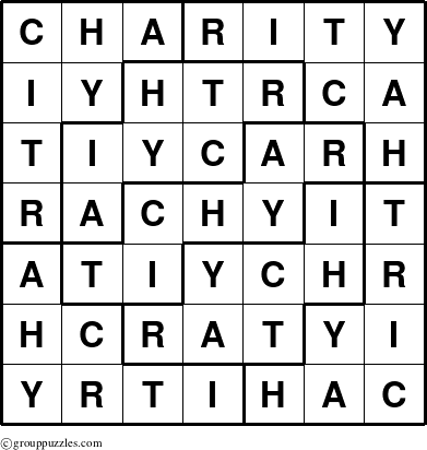 The grouppuzzles.com Answer grid for the Charity puzzle for 