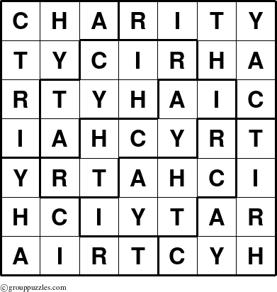 The grouppuzzles.com Answer grid for the Charity puzzle for 