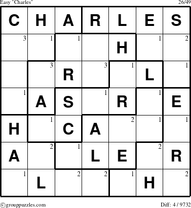 The grouppuzzles.com Easy Charles puzzle for  with the first 3 steps marked