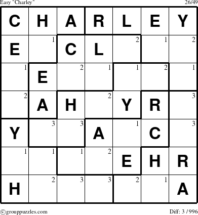 The grouppuzzles.com Easy Charley puzzle for  with the first 3 steps marked