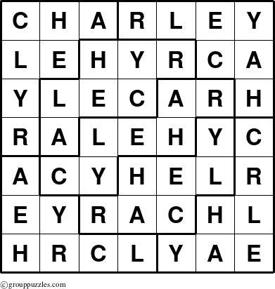 The grouppuzzles.com Answer grid for the Charley puzzle for 