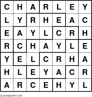 The grouppuzzles.com Answer grid for the Charley puzzle for 