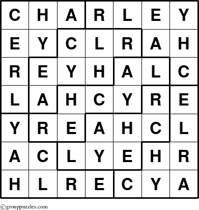 The grouppuzzles.com Answer grid for the Charley puzzle for 