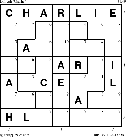 The grouppuzzles.com Difficult Charlie puzzle for  with all 10 steps marked