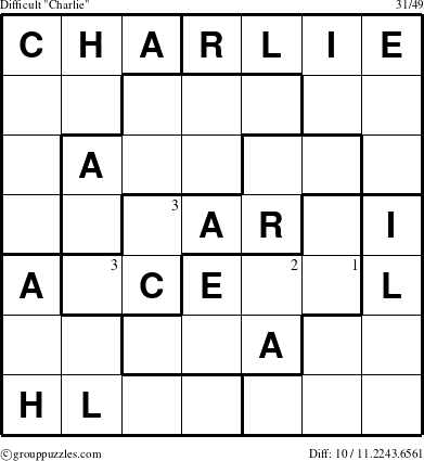 The grouppuzzles.com Difficult Charlie puzzle for  with the first 3 steps marked