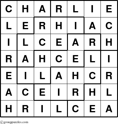 The grouppuzzles.com Answer grid for the Charlie puzzle for 