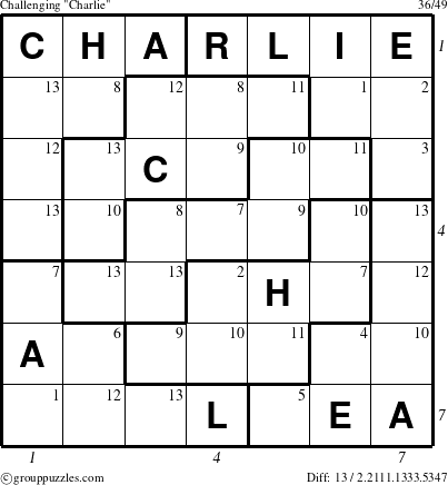 The grouppuzzles.com Challenging Charlie puzzle for , suitable for printing, with all 13 steps marked