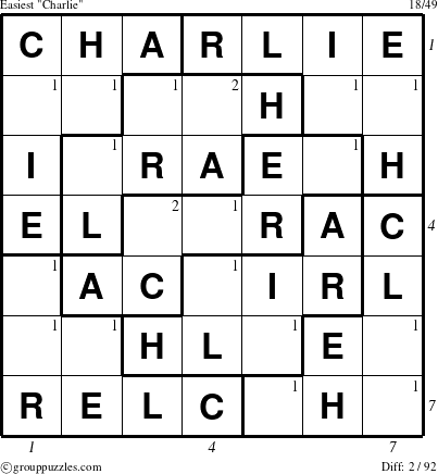 The grouppuzzles.com Easiest Charlie puzzle for , suitable for printing, with all 2 steps marked