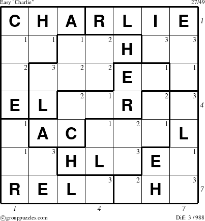 The grouppuzzles.com Easy Charlie puzzle for , suitable for printing, with all 3 steps marked