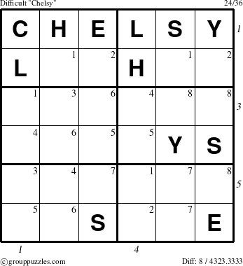 The grouppuzzles.com Difficult Chelsy puzzle for , suitable for printing, with all 8 steps marked