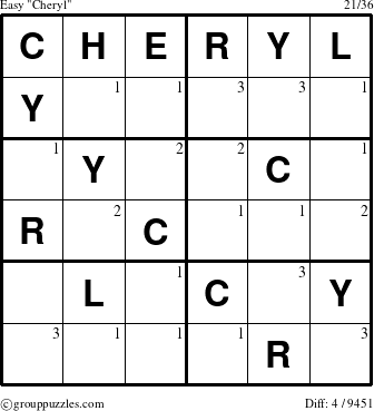 The grouppuzzles.com Easy Cheryl puzzle for  with the first 3 steps marked