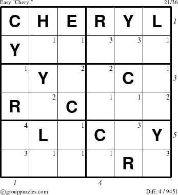 The grouppuzzles.com Easy Cheryl puzzle for  with all 4 steps marked