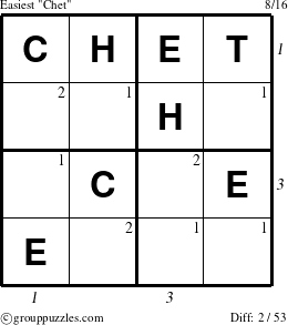 The grouppuzzles.com Easiest Chet puzzle for , suitable for printing, with all 2 steps marked