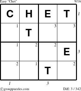 The grouppuzzles.com Easy Chet puzzle for , suitable for printing, with all 3 steps marked