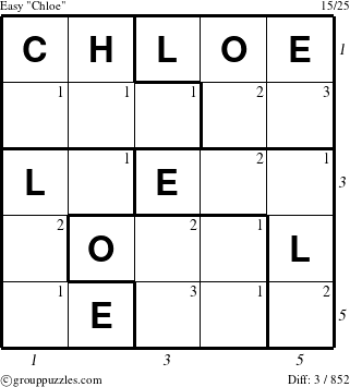 The grouppuzzles.com Easy Chloe puzzle for , suitable for printing, with all 3 steps marked