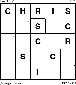 The grouppuzzles.com Easy Chris puzzle for  with the first 3 steps marked