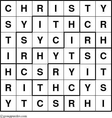 The grouppuzzles.com Answer grid for the Christy puzzle for 