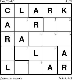 The grouppuzzles.com Easy Clark puzzle for  with the first 3 steps marked