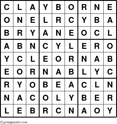 The grouppuzzles.com Answer grid for the Clayborne puzzle for 
