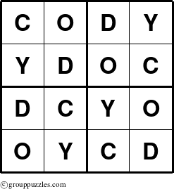 The grouppuzzles.com Answer grid for the Cody puzzle for 