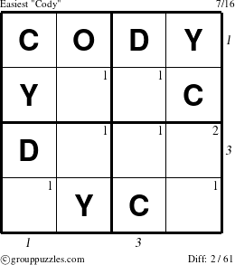 The grouppuzzles.com Easiest Cody puzzle for  with all 2 steps marked